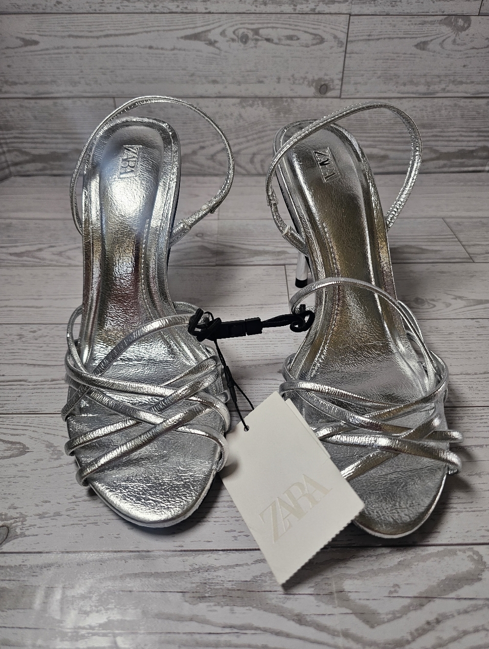 New SARA Silver Strappy High Heels Sandals Size 6/36 NWT Sexy Chic Dress Shoes - Picture 2 of 10